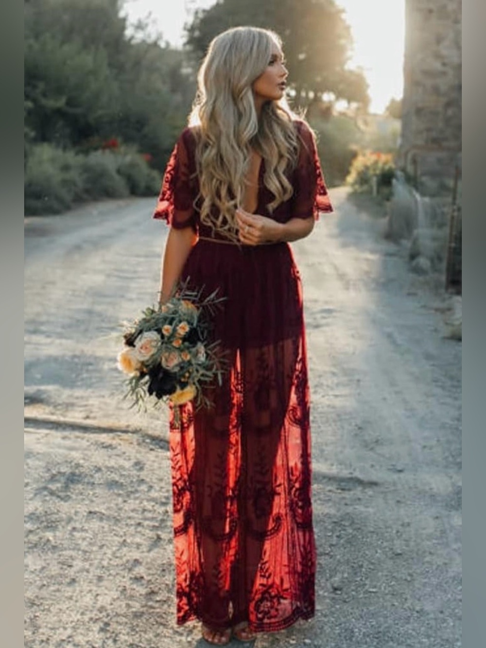 Women's Deep V-Neck Lace Romper Short Sleeve Long Dress - Picture 2 of 11